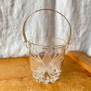 Vintage Crystal Ice Bucket Etched Italy Floral Gold Handle